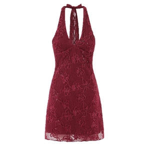 Elegant deep burgundy halter mini dress featuring floral sequins and mesh flocking fabric