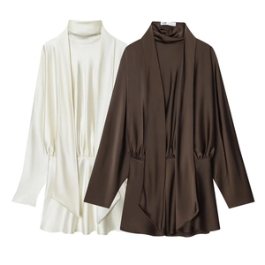 Elegant Women Satin High Neck Mini Dress With Drape Scarf Detail Long Sleeve High Waist Ruched Party Bodycon Short Dress