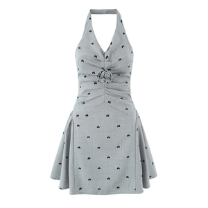 French vintage grey halter dress with 3D rose and floral flocking details