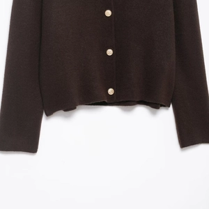 Women's knit cardigan in dark brown with faux fur collar and vintage gold anchor buttons