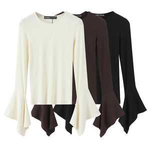 Women Long Sleeve Ribbed Knit T-Shirt Elegant Bell Sleeve Round Neck Slim Fit Casual Solid Color Top For Autumn Winter