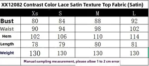 Size chart showing bust and waist measurements for lace satin backless top XX12082