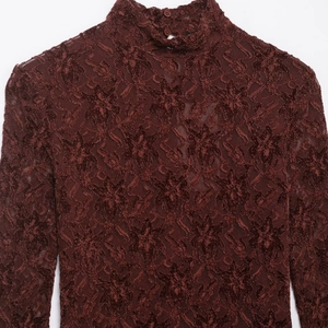 Elegant wine red lace top for women with floral texture and high neck collar details