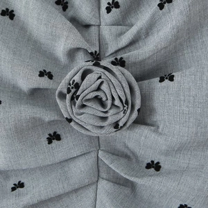 French vintage grey striped dress featuring black flocking butterflies and 3D floral accent