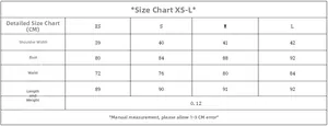 Detailed size chart for lace satin mini dress covering XS to L with measurements in CM
