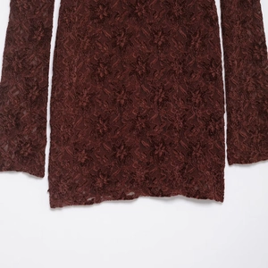 Elegant burgundy long-sleeve lace dress featuring soft touch floral patterns for women
