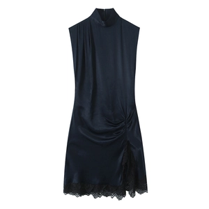 Women Elegant Satin Lace Stitching Mini Dress Sleeveless Mock Neck Ruching Slim Fit Bodycon Party Dress Navy Blue