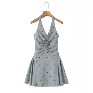French vintage grey halter dress with 3D rose and black flocking bow patterns