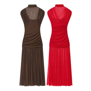Detail of mock neck mesh patchwork and ruched slim fit sleeveless maxi dresses