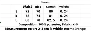 Size chart for diamond pattern knitted sweater and skirt set showing S to L dimensions