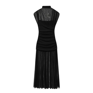 Detail of sheer mesh paneling and ruched fabric on this elegant black sleeveless dress