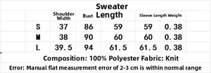 Detailed size chart for diamond knit sweater set including S M L dimensions and fabric info