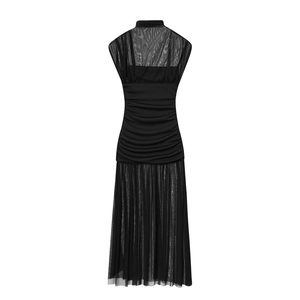 Detail of black mesh sleeveless maxi dress with ruched waist and pleated sheer skirt