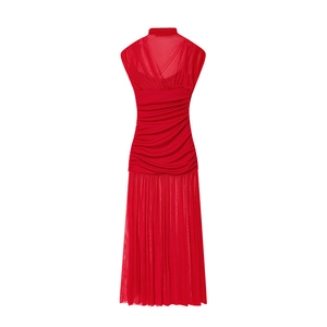Detail of red ruched bodice and pleated mesh skirt on a slim fit sleeveless dress