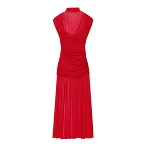 Detail of red sleeveless maxi dress featuring a mesh high neck and ruched bodice