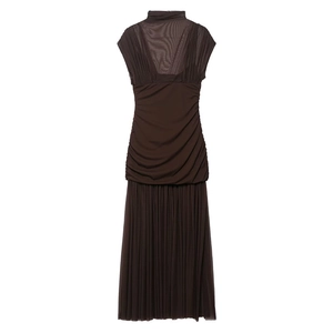 Detail of coffee brown dress with sheer mesh neckline and pleated maxi skirt hem