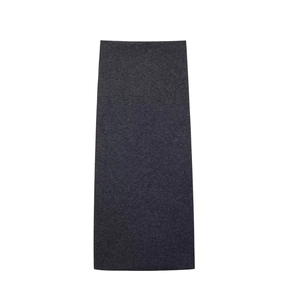 Detailed flat lay of dark grey knit maxi skirt showing the fine ribbed wool blend texture