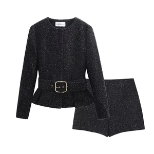 Women Elegant Tweed Peplum Jacket And Shorts Suit Vintage Office Commuter Jacket And Shorts With Belt Gold Buckle