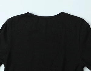 Close-up of the ribbed fabric texture and round neckline of the black long-sleeve tee