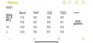 Size guide for women's loose puffer jacket including bust and length measurements