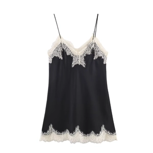 Women Sexy Black Satin Lace Camisole Mini Dress V Neck Spaghetti Strap Contrast Trim Backless Chemise Nightgown
