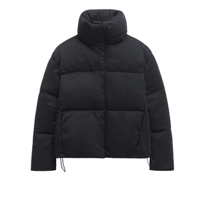 Detail view of black puffer jacket showing stand collar and adjustable hem drawstring