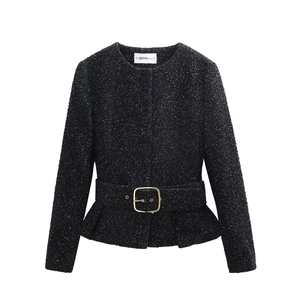 Detail of tweed blazer jacket with round neck, metallic gold buckle belt and rich texture