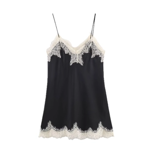 Women's black satin camisole top with white eyelash lace trim and thin straps