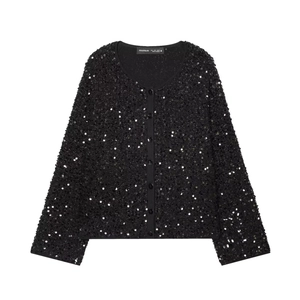 Damen Mode Schwarz Pailletten Rundhals Kurzjacke Elegant Langarm Pailletten Strickjacke Party Damen Oberbekleidung