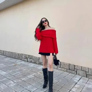 Damen Schulterfreier Strickpullover Locker Rippenstrick Langarm Einfarbig Elegant Herbst Winter Oberteile Mode