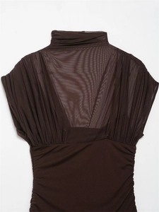Detailed view of coffee brown dress with mesh turtleneck and elegant ruched texture