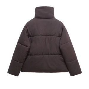 Back view of a coffee brown puffer jacket featuring a high collar and quilted box design