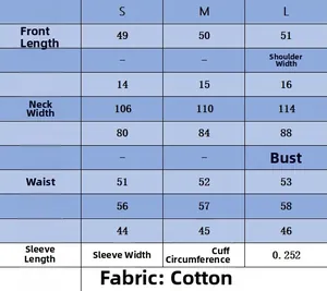 Size chart table for loose autumn knitted sweater showing dimensions for S, M and L