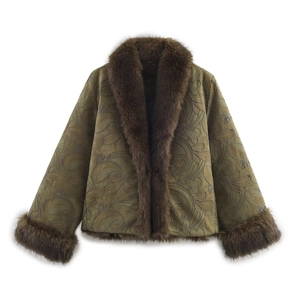 Veste en Suédine Vintage à Broderie pour Femmes Avec Col et Poignets en Fausse Fourrure Manteau Court d'Hiver Brodé Paisley Chaud