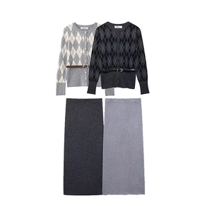 Women Vintage Argyle Knit Cardigan And Maxi Skirt Outfits With Belt Round Neck Long Sleeve Button Up Knitwear