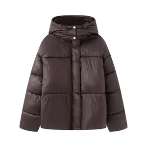 Women Casual Hooded Padded Jacket Coffee Brown Quilted Winter Coat With Zipper And Buttons Warm Outerwear For Lady
