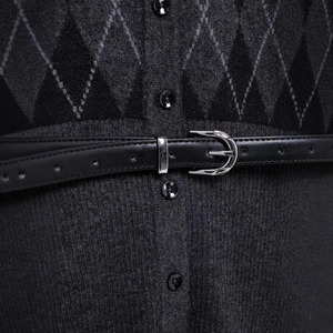 Women's autumn knit set with diamond pattern cardigan and matching belt in dark grey