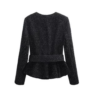 Women's black tweed blazer with peplum hem and slim fit waist, back view showing texture