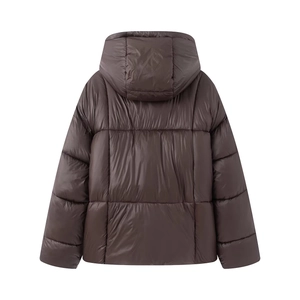 Back view of a dark brown padded winter jacket with horizontal quilting and hooded design