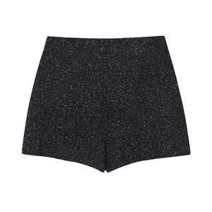 Women's black textured high-waisted tweed shorts with monochrome speckled pattern on white back