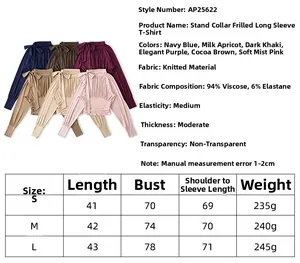 Detailed size chart for long sleeve bow blouse with knitting fabric specifications