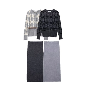 Women's autumn knit set with diamond pattern cardigan, belt and skirt in grey tones