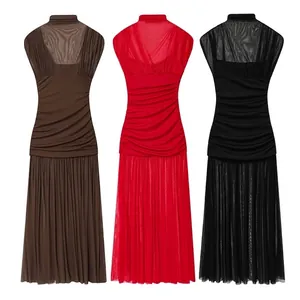 Elegant Women Mesh Stitching Ruched Sleeveless Maxi Dress Stand Collar Slim Fit Party Banquet Evening Polyester Long Dress