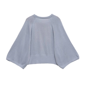 Detail view of the light blue knit sweater featuring a ribbed hem and batwing sleeves