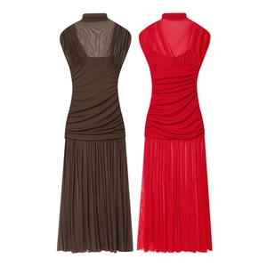 Slim fit sleeveless mesh patchwork midi dress with ruched waist in coffee and red