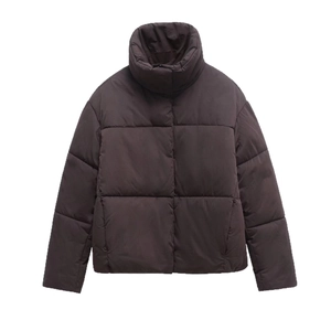 Oversize dark brown quilted puffer jacket with a high stand collar and loose silhouette
