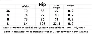 Size chart for pleated mini skirt showing waist, hip, length and 100% polyester material