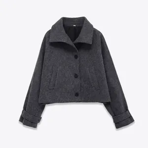 Veste Courte Style Laine pour Femmes Gris Anthracite Revers Manches Longues Manteau Simple Boutonnage Élégant Bureau