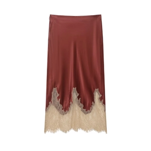Elegant Satin Midi Skirt With Contrast Lace Trim High Waist Straight Silky Skirt Deep Red Patchwork Office Party Women