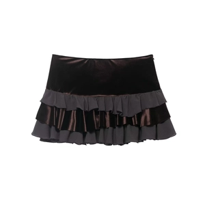 Jupe Courte Femme Velours Patchwork Étages Gothique Sexy Couleur Unie Volants